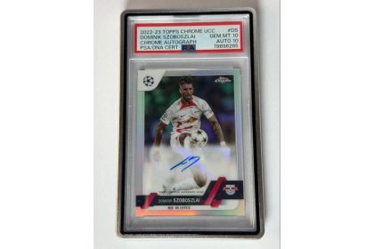 Szoboszlai Dominik aláírásos, 2022–23-as Topps Chrome RB Leipzig-kártyája, PSA GEM MT 10 és AUTO 10 minősítéssel